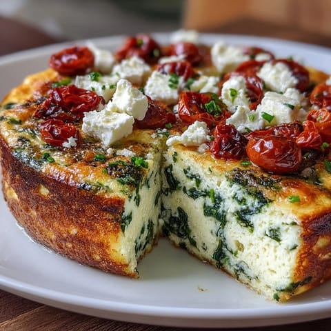 Fluffy spinach and feta frittata with sun-dried tomatoes, perfect for a light Mediterranean brunch or dinner.  