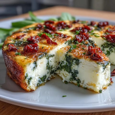 Savory baked frittata featuring tender spinach, tangy feta, and sweet sun-dried tomatoes, ideal for easy entertaining.  