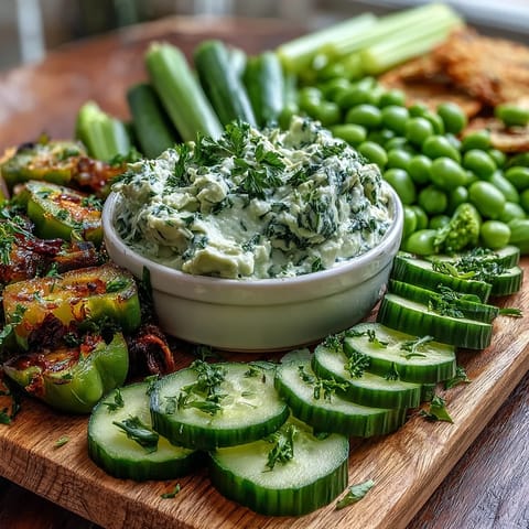 Fresh green snack board with cucumber, snap peas, and creamy avocado ranch dip for healthy entertaining.