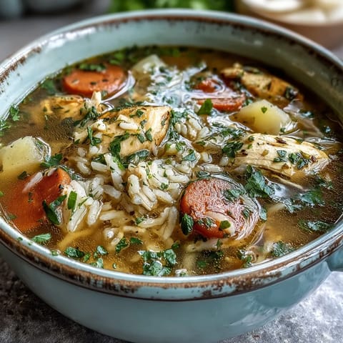 One-pot chicken and rice soup with tender chicken, carrots, celery, and rice simmering in savory broth.  