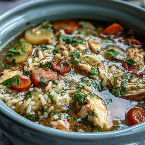 Easy chicken run soup featuring juicy chicken, fluffy rice, and fresh vegetables in a comforting, hearty one-pot meal.  