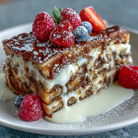 A golden pancake casserole with fresh berries and creamy custard, perfect for a festive Mothers Day brunch.