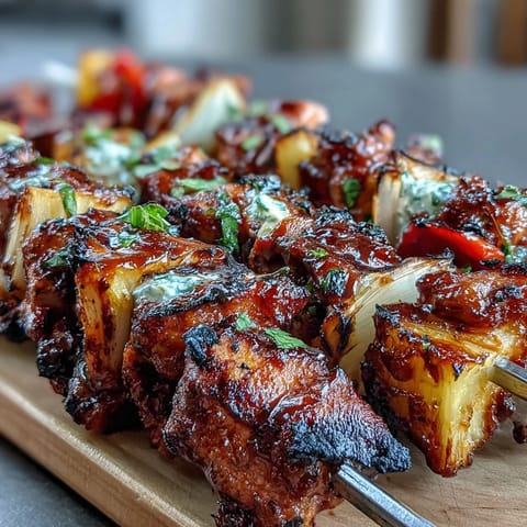 Juicy Grilled Pineapple Chicken Skewers with caramelized pineapple and tender chicken, perfect for summer cookouts.