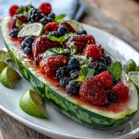 Watermelon carving board with berries, artfully arranged on a rustic serving platter, perfect for summer entertaining.