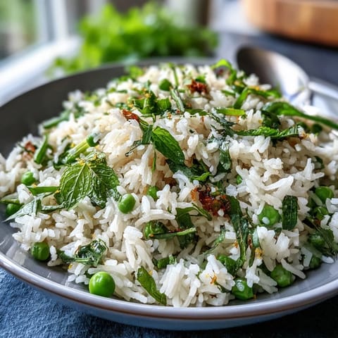 Vibrant spring pea and mint rice pilaf with tender peas and fresh mint, served as a fragrant, colorful side dish.  
