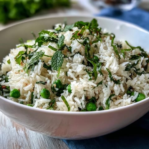 Fragrant rice pilaf with sweet spring peas and fresh mint, a light and flavorful accompaniment to ham or poultry.  