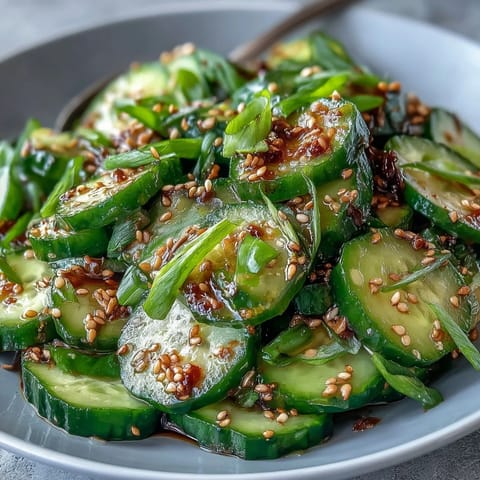 Refreshing Asian cucumber salad with sesame and rice vinegar dressing, garnished with toasted sesame seeds and green onions.