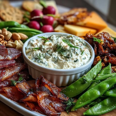 Spring charcuterie board with radishes, peas, and herb dip, featuring colorful vegetables, cured meats, and creamy yogurt dip.