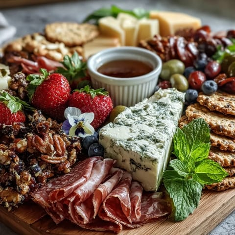 Vibrant spring charcuterie board with edible flowers, fresh fruits, and assorted meats and cheeses, perfect for festive gatherings.