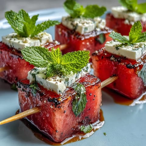 Juicy watermelon, creamy feta, and fresh mint on skewers—a refreshing summer appetizer bursting with flavor.  