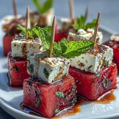 Colorful watermelon feta mint skewers drizzled with olive oil, perfect for parties or light Mediterranean snacks.  