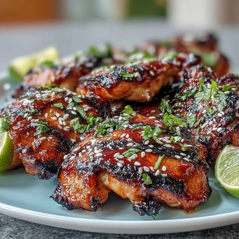 Juicy grilled chicken thighs glazed with sweet honey sriracha marinade, caramelized and sizzling on the barbecue.  