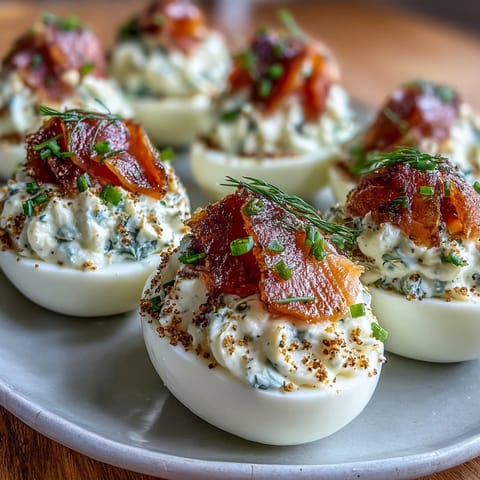 Deviled eggs filled with smoked salmon and chive-infused yolk, finished with a sprinkle of everything bagel seasoning for bold flavor.