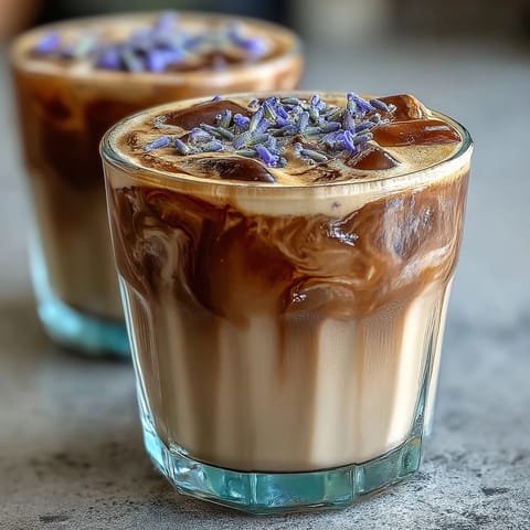 A creamy lavender oat milk latte with floral notes, perfect for a cozy morning treat.