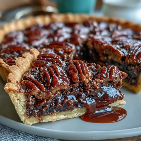 Golden-topped Kentucky Derby chocolate bourbon pecan tart is ready to slice.
