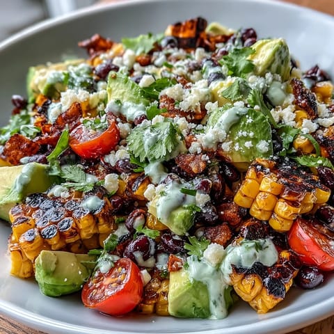 Vibrant grilled corn and black bean taco salad drizzled with zesty lime dressing.
