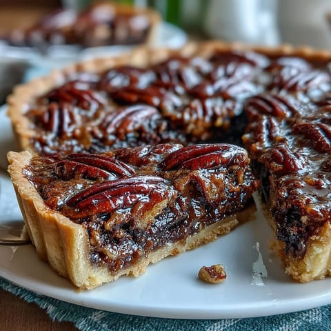 Decadent chocolate bourbon pecan tart, rich filling piled high on flaky crust.