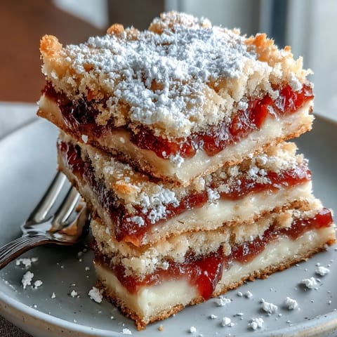 Tangy, sweet Rhubarb Custard Bars nestled on a golden, flaky shortbread base.