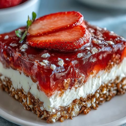 Festive Memorial Day Strawberry Pretzel Salad Dessert with layers of ruby red gelatin and creamy topping.