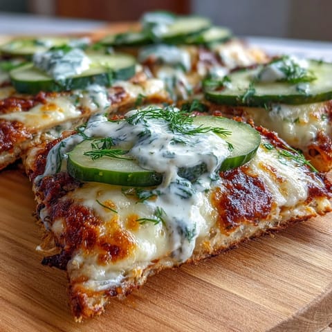 Golden Pickle Pizza Flatbread topped with creamy garlic ranch sauce.