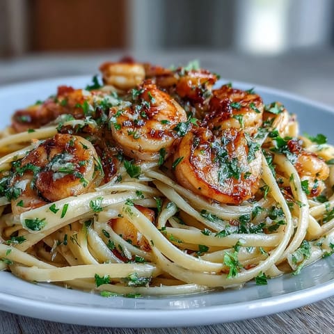 Garlicky Shrimp Scampi Linguine with a bright white wine sauce ready to serve.