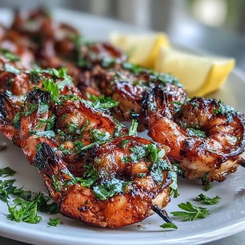 Grilled honey garlic shrimp skewers glistening with char, ready for dinner.