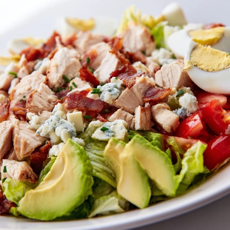 Artfully arranged Cobb Salad with tender chicken, smoky bacon, avocado slices, and tomatoes on a bed of crisp iceberg and romaine lettuce.
