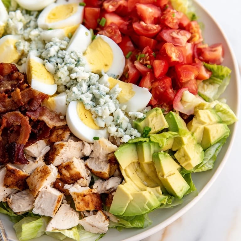 Colorful Cobb Salad featuring ripe tomatoes, tangy blue cheese crumbles, and chives, drizzled with classic red wine vinaigrette for a gluten-free meal. 