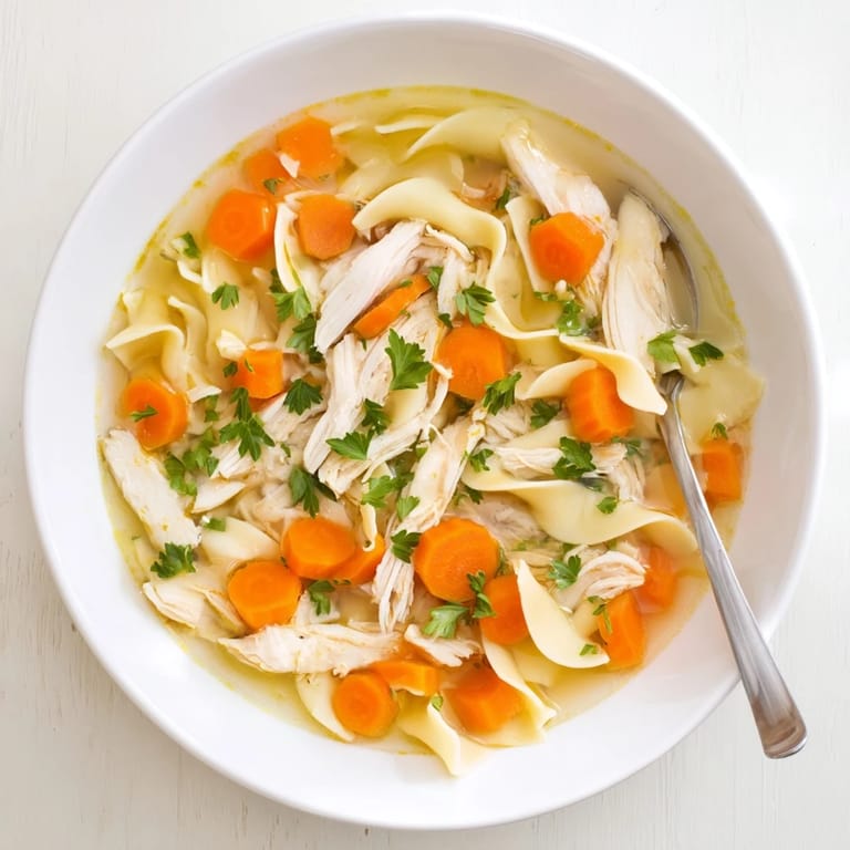 A warm bowl of classic Chicken Noodle Soup garnished with fresh parsley and wide egg noodles.