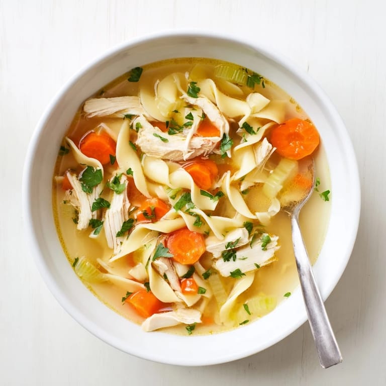 Steaming pot of homemade Chicken Noodle Soup featuring chunky vegetables and savory herbs for a cozy meal.