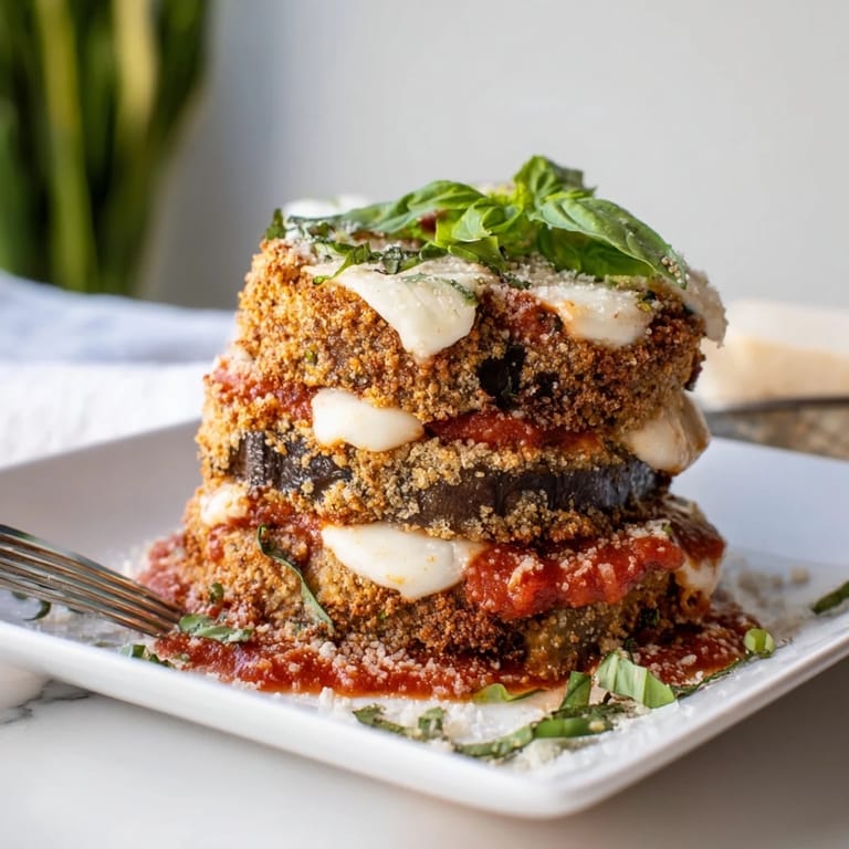 Crusted, crispy breaded eggplant slices layered with tomato sauce and Parmesan for a classic Italian vegetarian main dish.