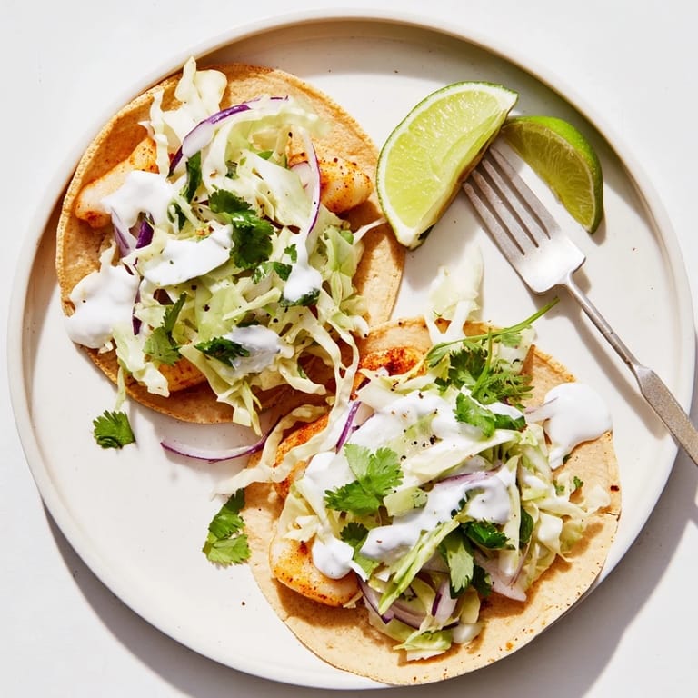 Homemade Fish Tacos topped with crunchy cabbage slaw and a drizzle of spicy creamy dressing.