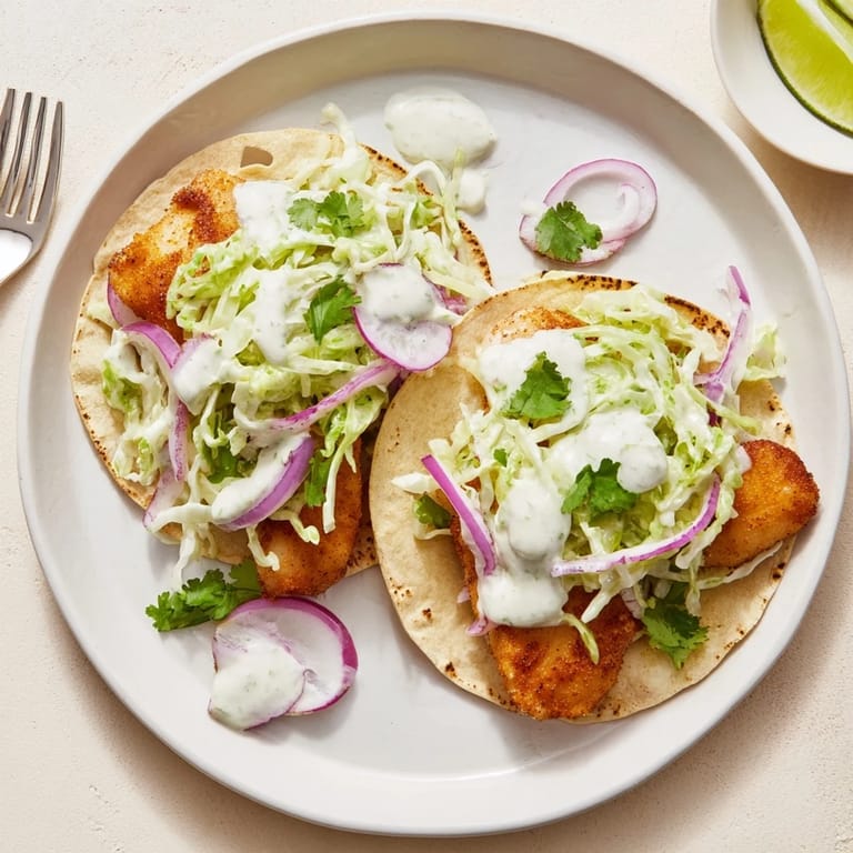 Freshly assembled Fish Tacos featuring grilled fish fillets, vibrant lime wedges, and chopped cilantro garnish.