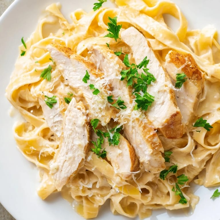 Steaming plate of homemade Fettuccine Alfredo topped with golden sautéed chicken slices and fresh parsley.