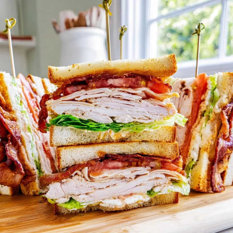 Close-up of a Turkey Club Sandwich served with golden potato chips and a side of dill pickles.