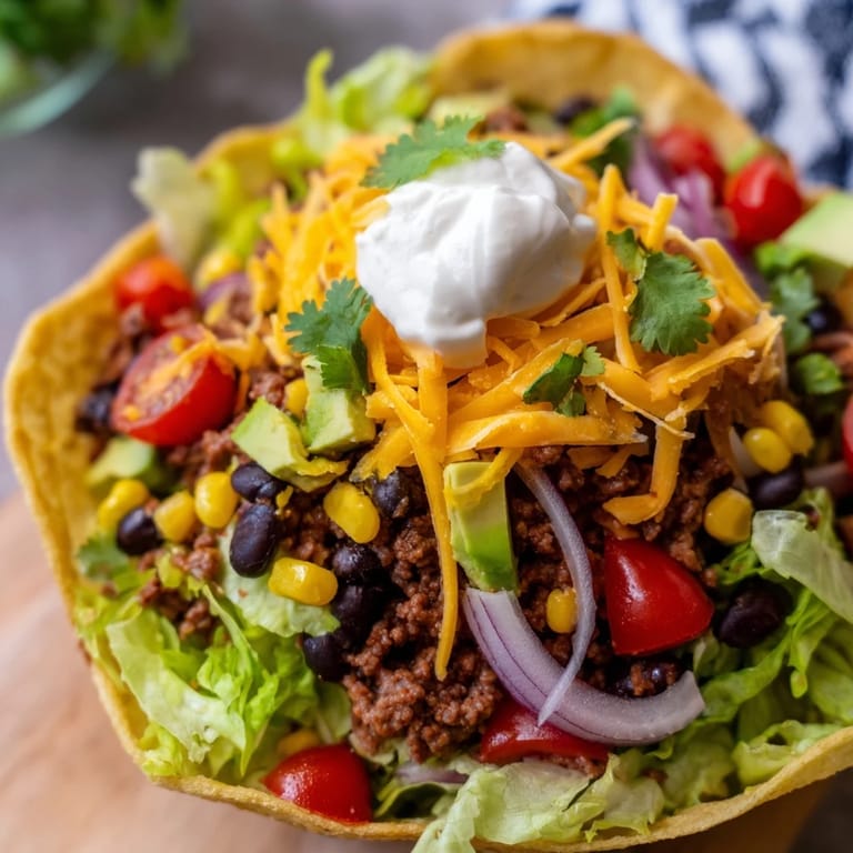 A hearty Taco Salad with crunchy lettuce, creamy avocado, sour cream drizzle, and zesty lime wedges on the side.
