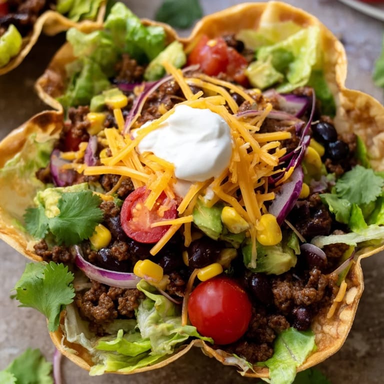 Serve this Taco Salad with warm seasoned beef and veggies inside a baked tortilla bowl, topped with cheese and salsa.