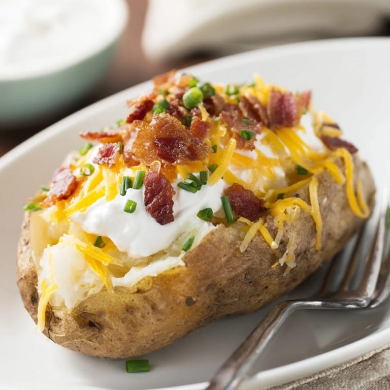 Close-up of a Loaded Baked Potato with melty cheddar, crumbled bacon, and fresh chives, served steaming hot for comfort food cravings.