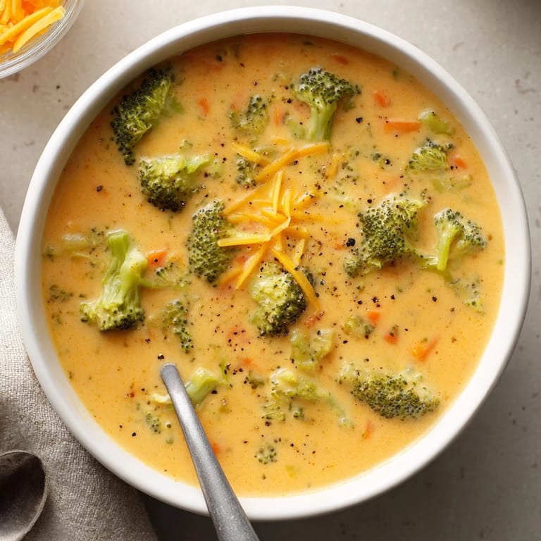 Homemade broccoli cheese soup topped with extra shredded cheddar and black pepper near crusty bread.