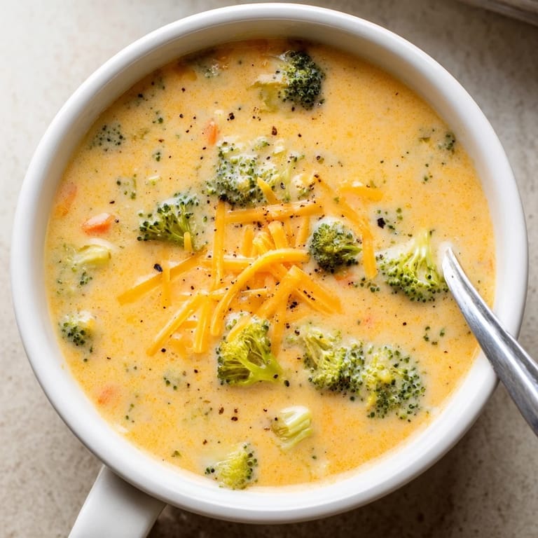 Smooth and cheesy broccoli cheese soup ladled into a warm bread bowl for a comforting dinner.