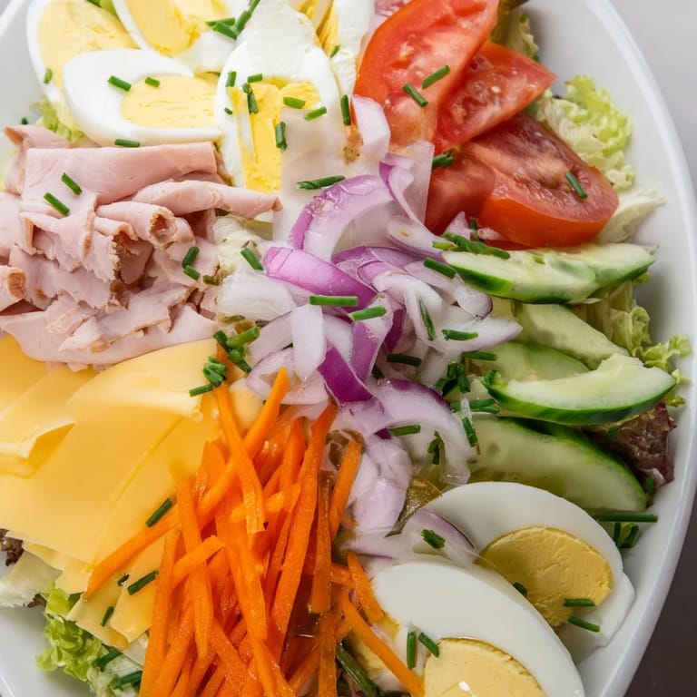 Colorful platter of homemade Chef Salad featuring cheddar, cucumber, tomato wedges, and julienned carrots, topped with fresh herbs and a ready-to-drizzle dressing.