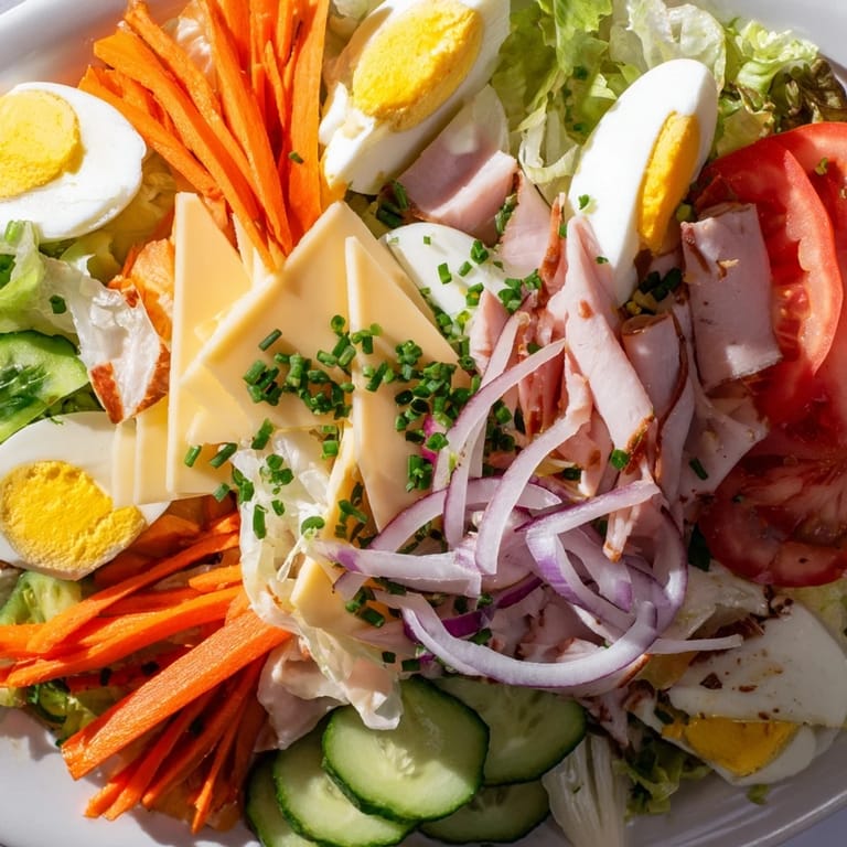 Classic American Chef Salad arranged on a rustic table, showcasing layers of lean meats, cheese, crunchy veggies, and an optional light vinaigrette garnish.