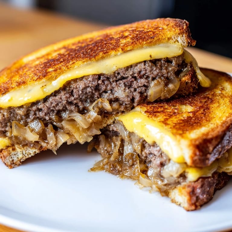 Patty Melt sandwich cut in half, showing juicy beef patty and gooey cheese pull.