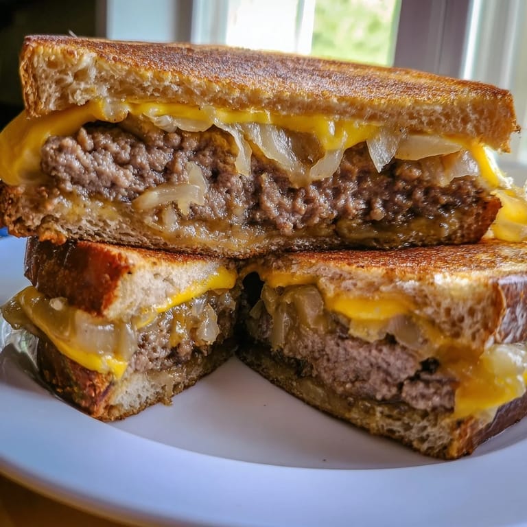 Classic American diner-style Patty Melt served on a plate with dill pickles and fries.