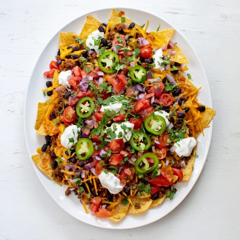 Golden baked nachos with gooey cheese, fresh pico de gallo, sour cream, and avocado served warm for game day.