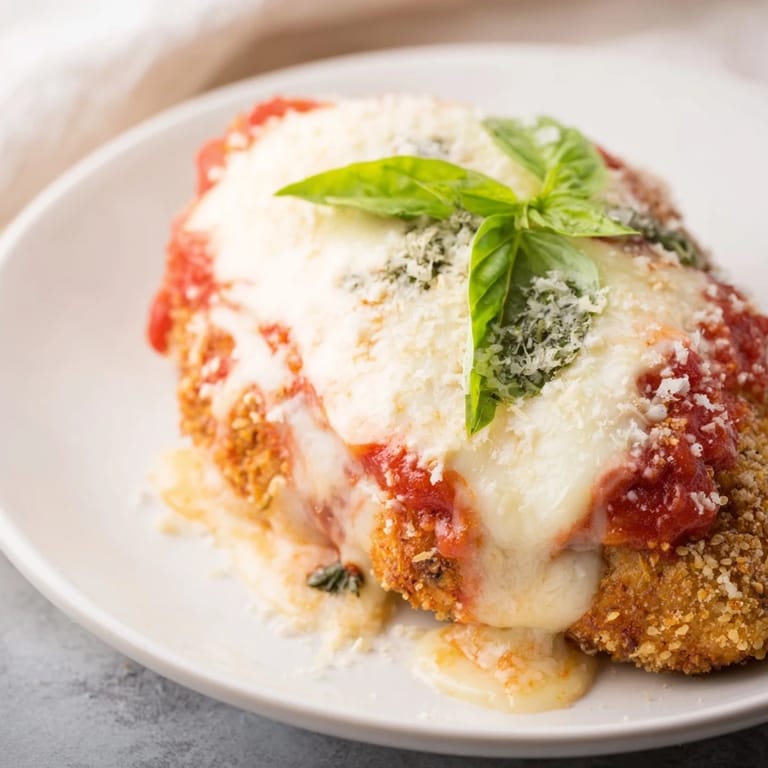 Savory Chicken Parmesan on a bed of twirled spaghetti, garnished with fresh basil leaves and extra Parmesan.