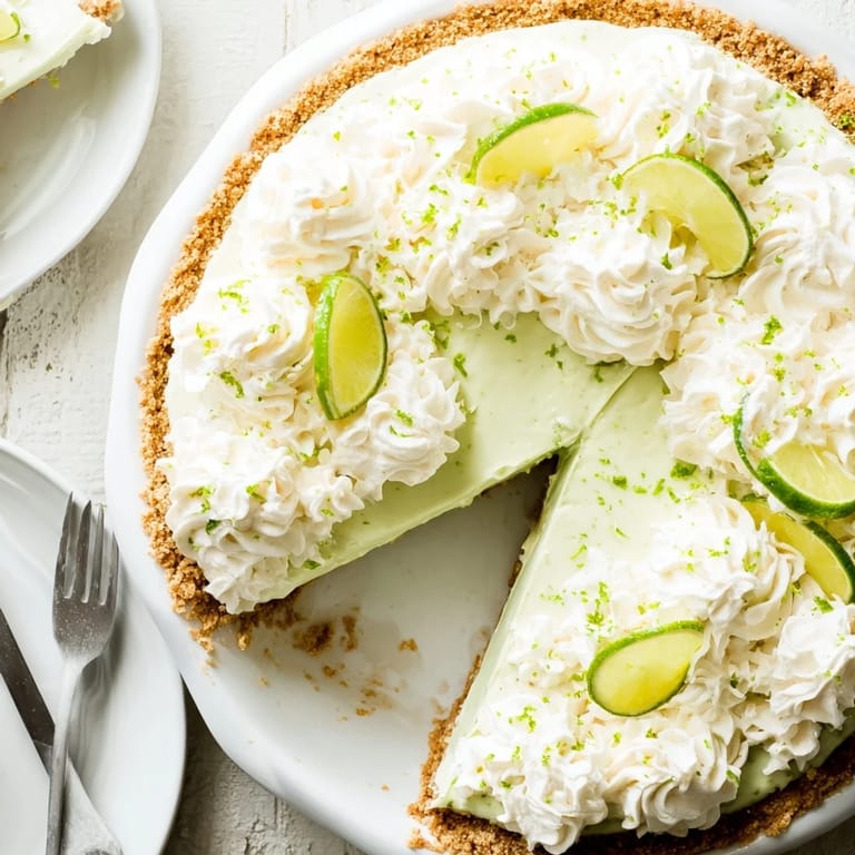 Freshly baked Key Lime Pie shows off its smooth, sweet-tart filling inside a crisp, buttery crust. The dessert is garnished with delicate lime slices and a dollop of whipped cream for serving.
