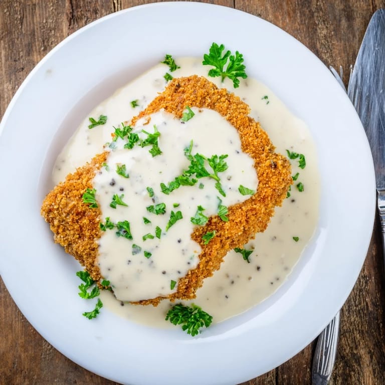Close-up of crisp Chicken Fried Steak and creamy gravy, showcasing juicy beef and golden breadcrumbs.