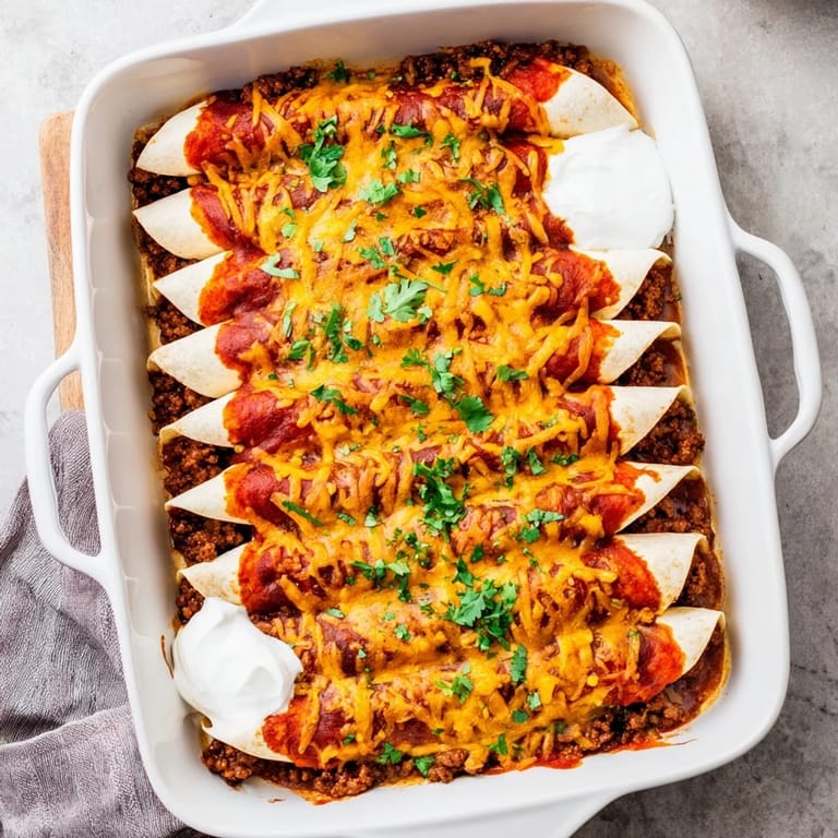 Beef Enchiladas baking in the oven, golden brown cheese bubbling over tender tortillas rolled with seasoned ground beef.
