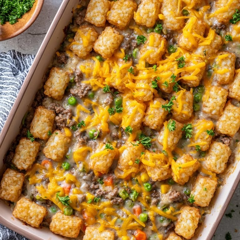 Hearty Tater Tot Casserole fresh from the oven with melted cheddar cheese and a side salad. 